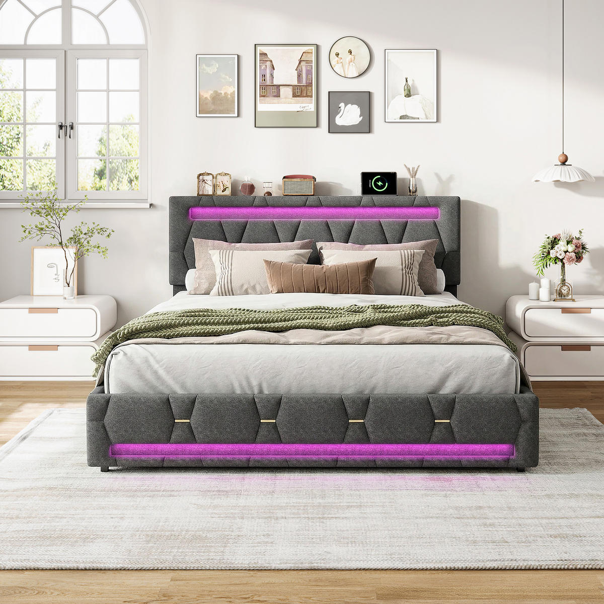 BETT 140 x 200 cm mit 4 Schubladen und LED, mit LED-Kopftei - Grau, Holzwerkstoff/Textil (140/200cm) - WoodenAura