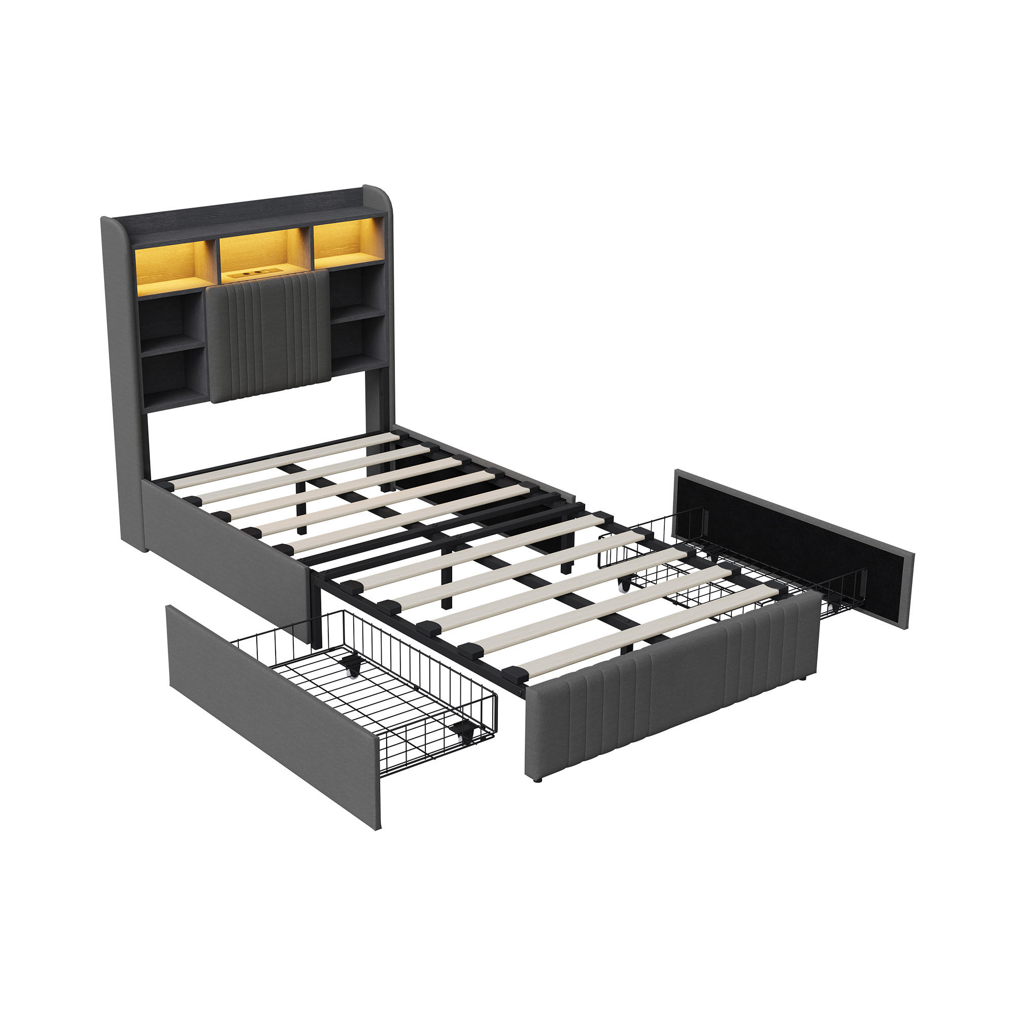 POLSTERBETT 90/200 cm Grau mit Schubladen und LED-Beleuchtung - Grau, Holz (90/200cm) - SHOPENTRA
