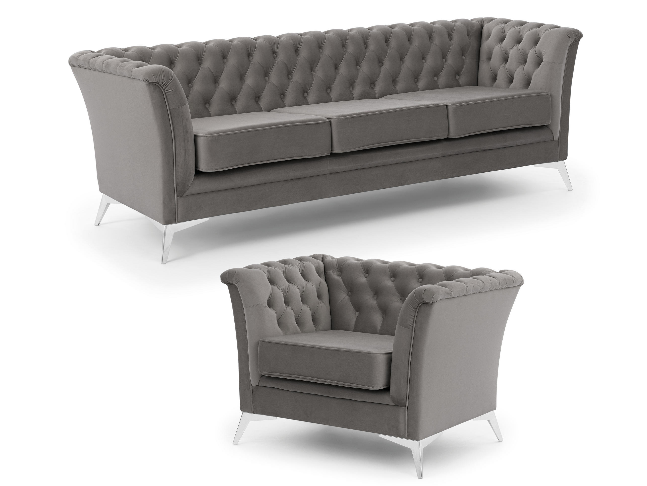 SITZGARNITUR 3+1 Chesterfield Whitby Grau Samt mit silbernen Füßen - Silberfarben/Grau, Holz/Textil (237/78/82cm) - S-Style Möbel