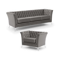 SITZGARNITUR 3+1 Chesterfield Whitby Grau Samt mit silbernen Füßen - Silberfarben/Grau, Holz/Textil (237/78/82cm) - S-Style Möbel