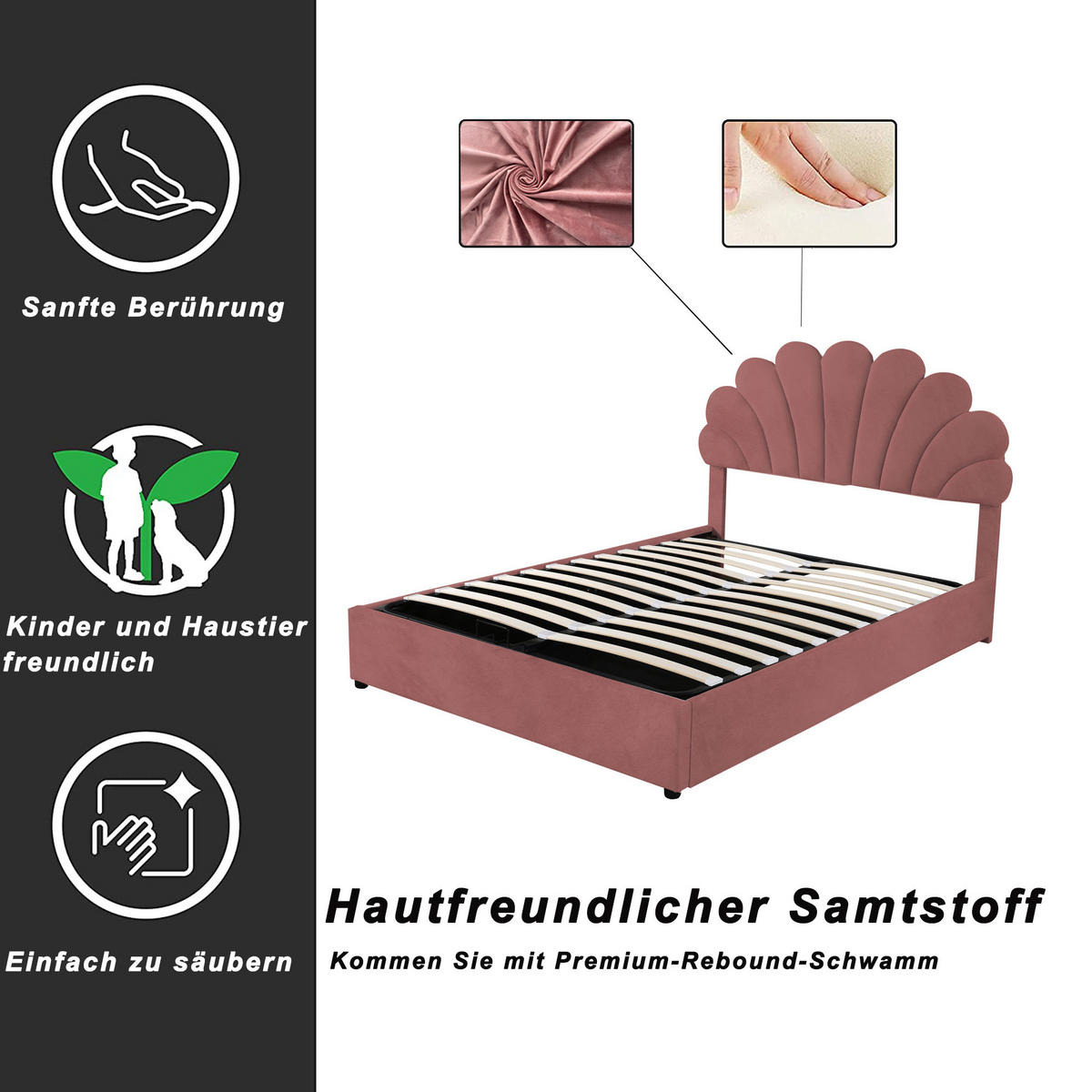 POLSTERBETT 140/200 cm Rosa aus Samt mit Stauraum - Dunkelrosa, Textil (140/200cm) - OKMYHOME