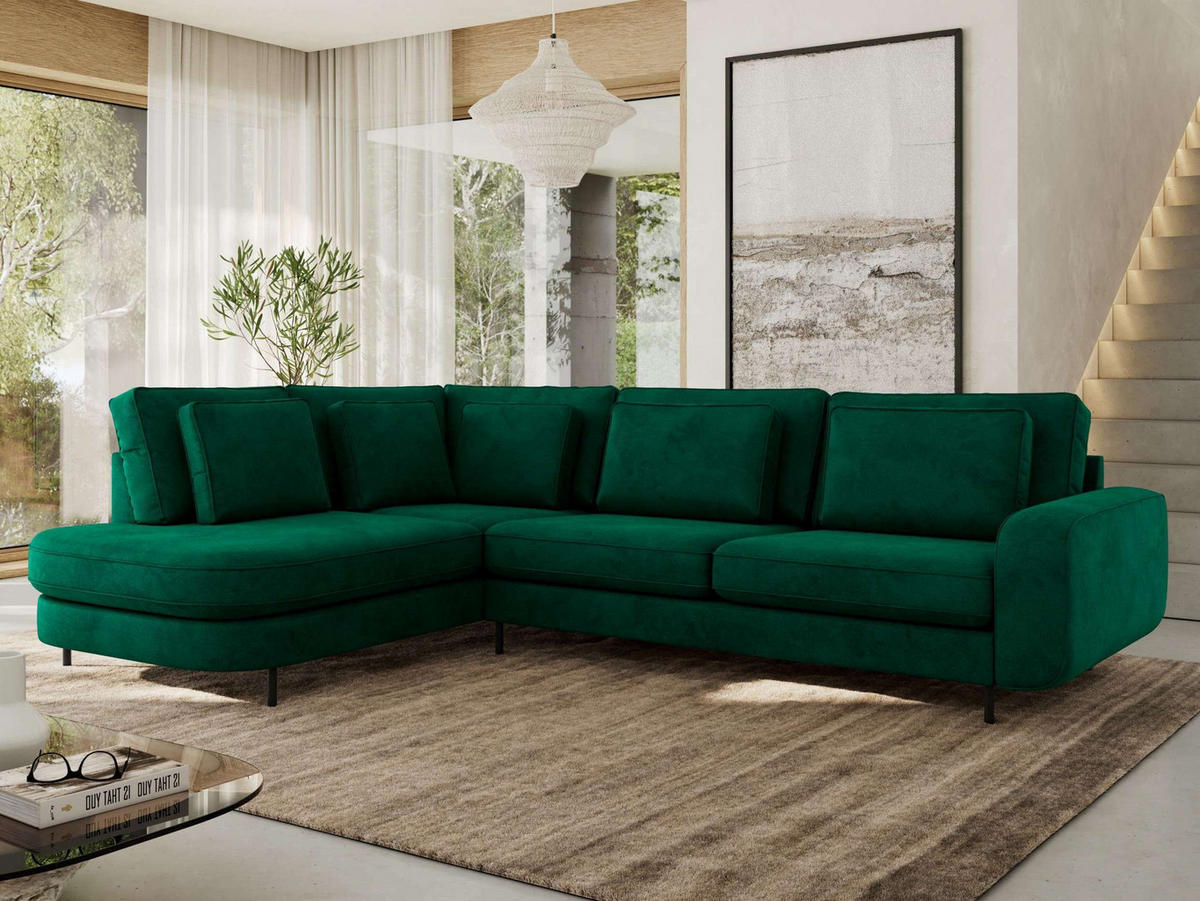 ROHOVÁ SEDAČKA CALENO L - Zelený Samet - Pravá Strana - černá/tmavě zelená, kov/textil (317/225cm) - MKS