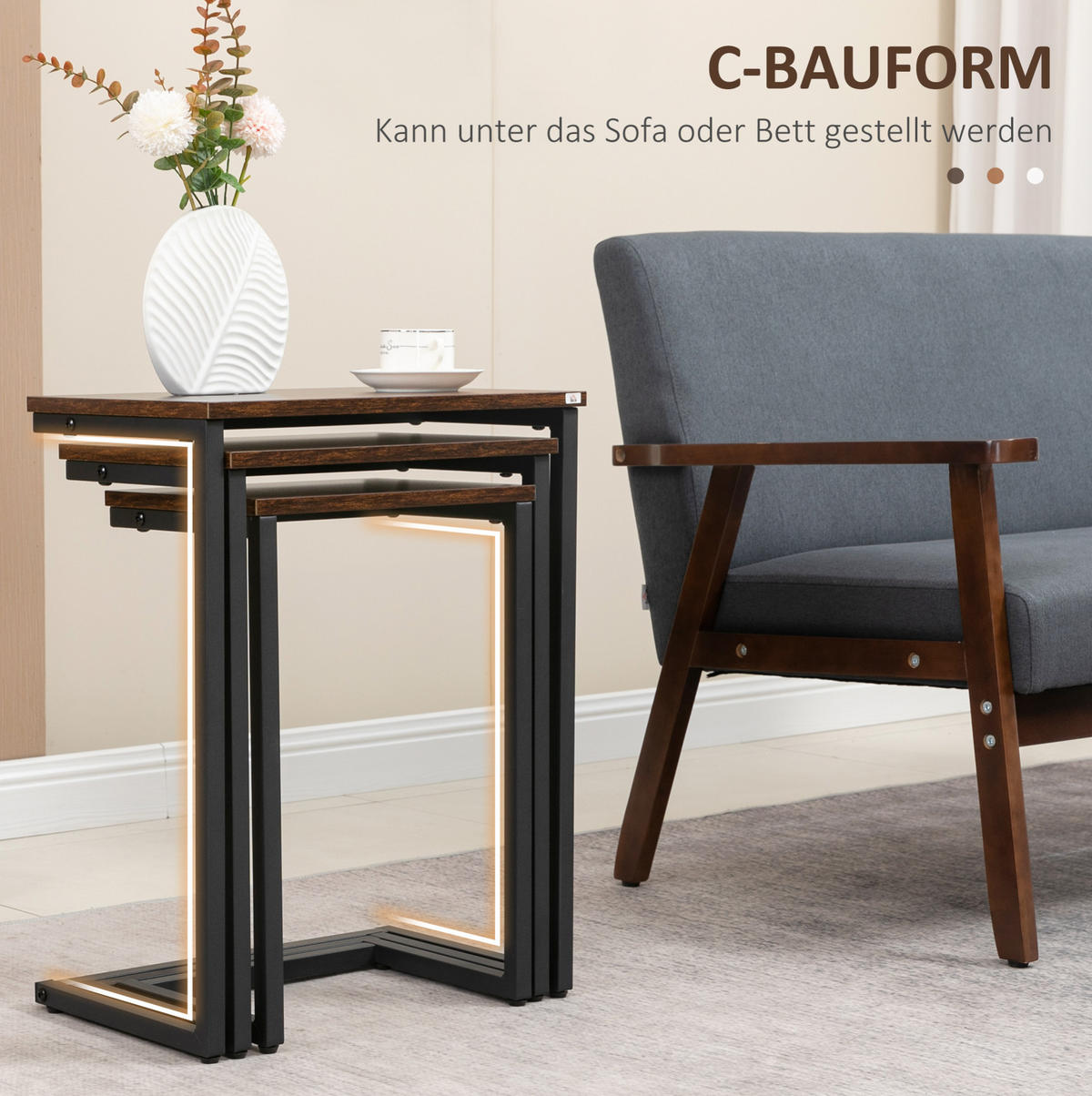 BEISTELLTISCH aus Holz 45x30x60 cm Braun verschachtelbar mit Stahlgestell - Braun, Holzwerkstoff (30/45/60cm) - Modfu