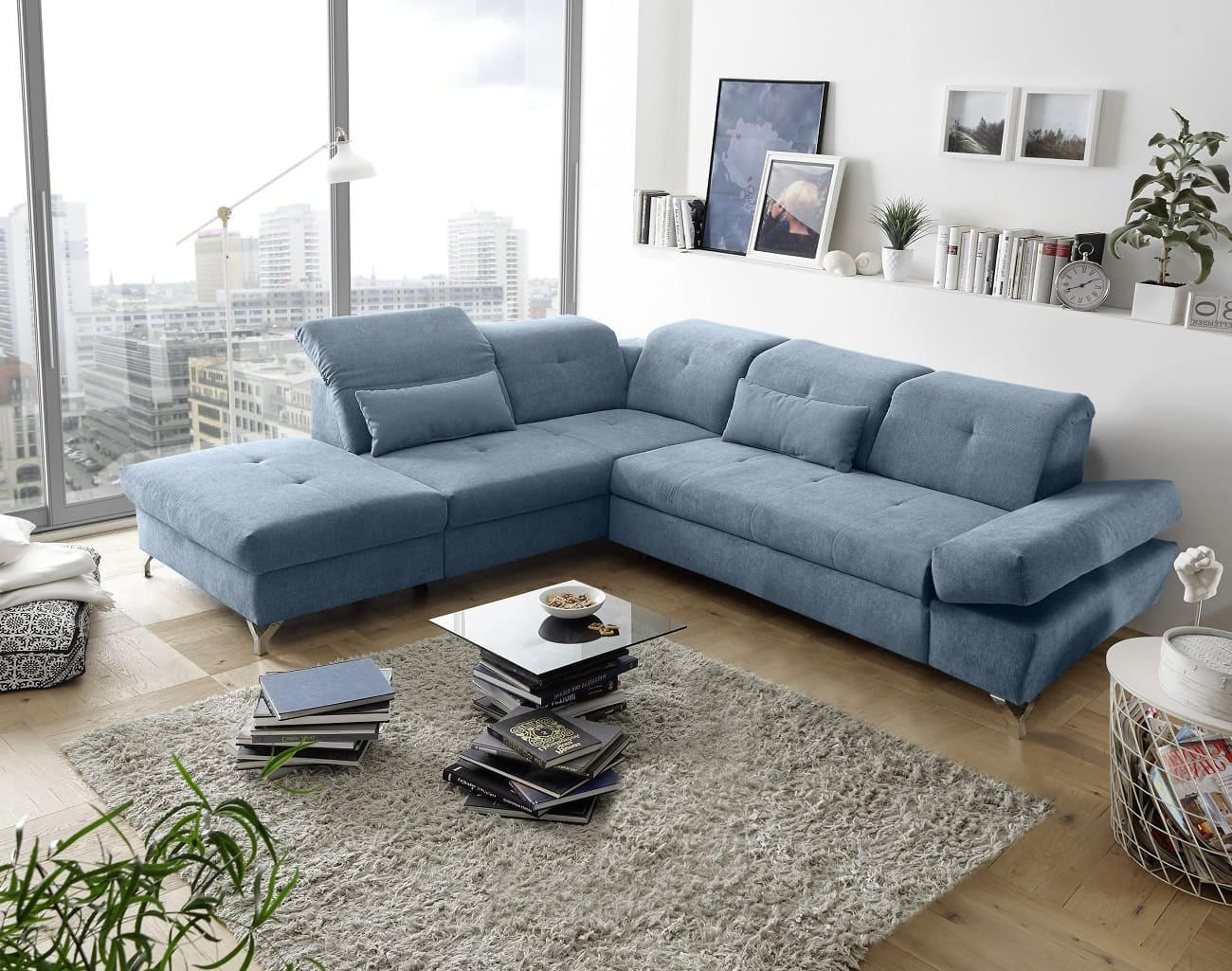ECKSOFA mit Schlaffunktion und verstellbaren Kopflehnen - Chromfarben/Blau, Textil/Metall (275/245cm) - ed exciting design