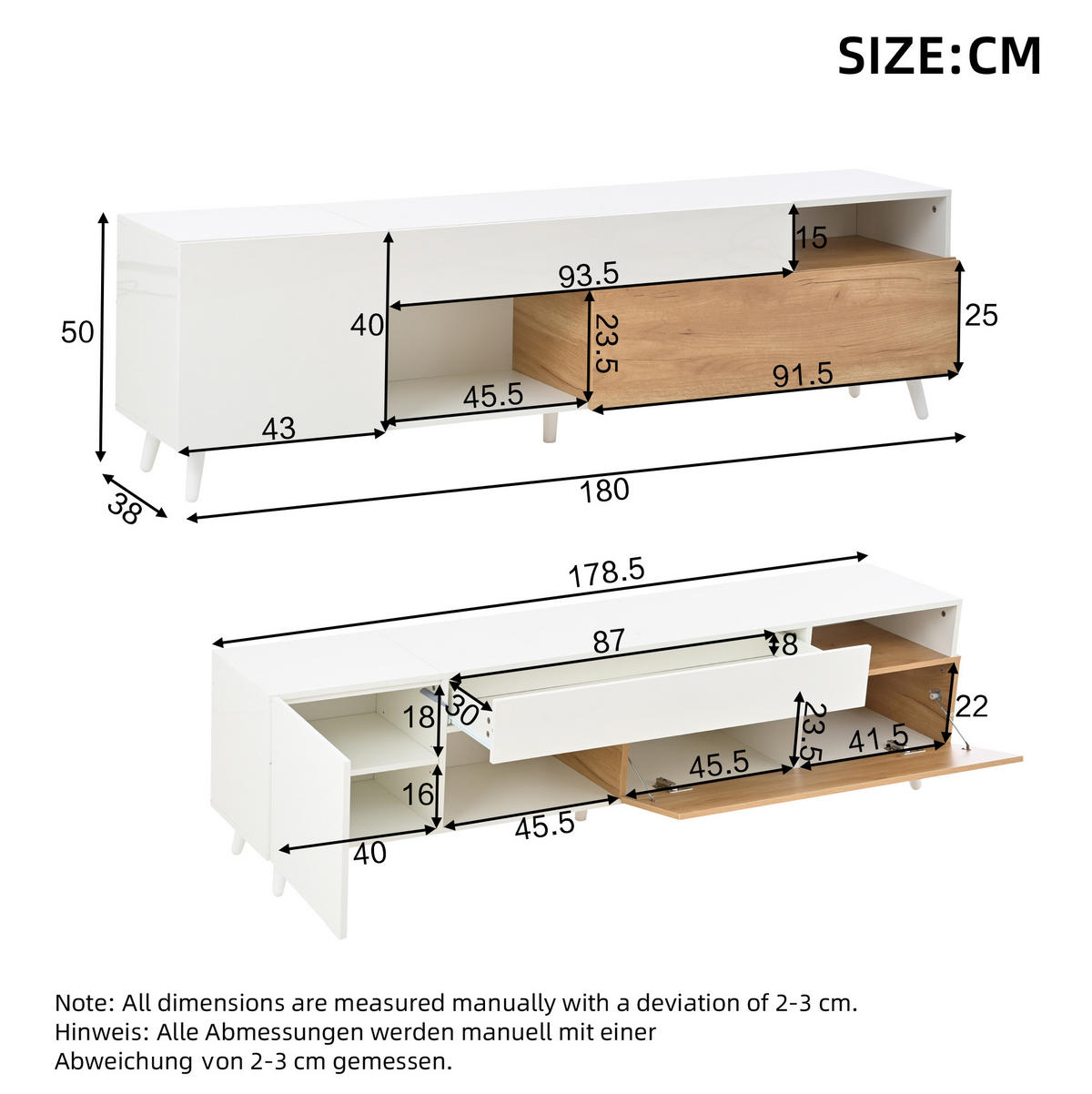 LOWBOARD 180/38/50 cm aus Spanplatte mit Hochglanzfront und vielseitigem Stauraum Weiß/Natur - Hellbraun, Holzwerkstoff (180/50/38cm) - Modenvie