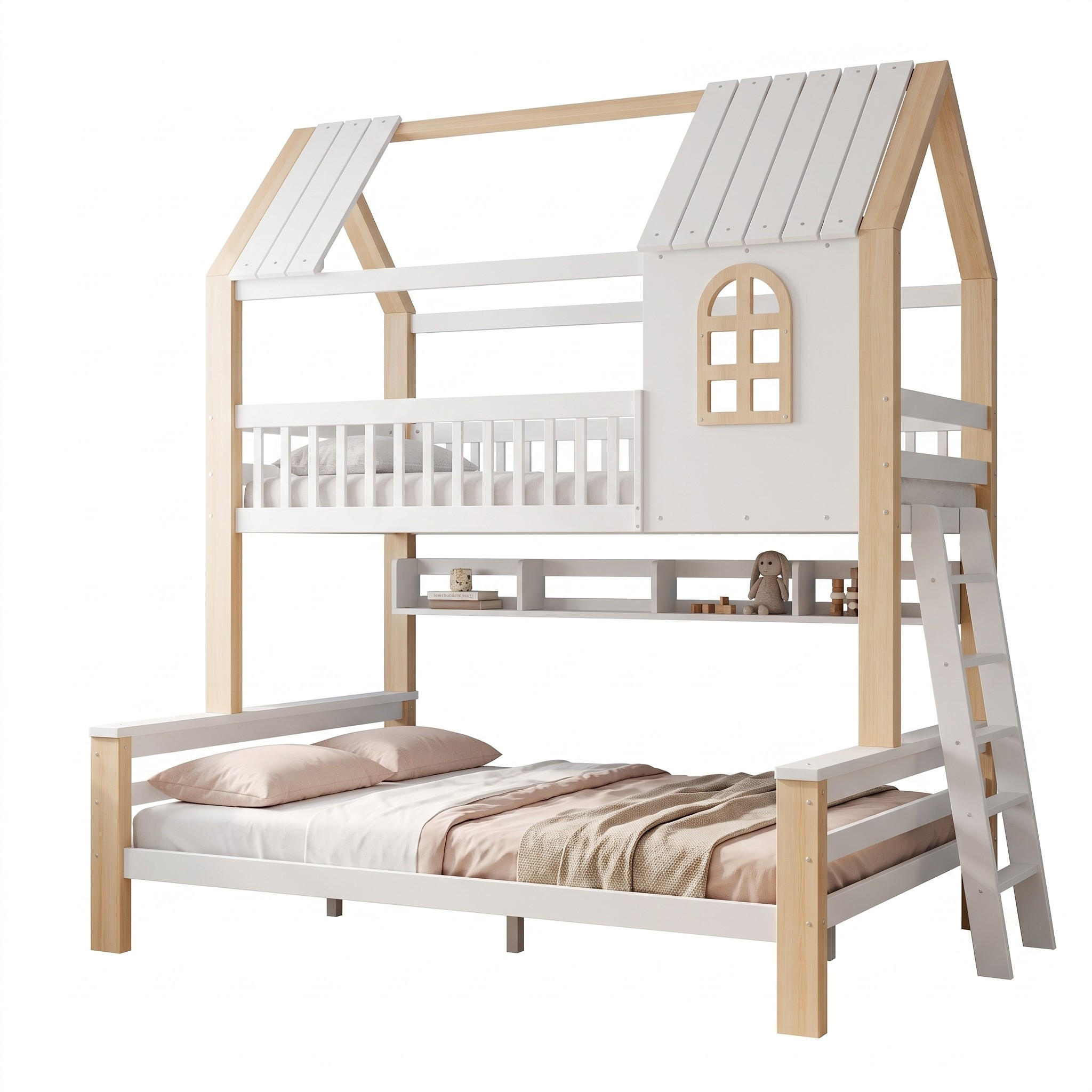 ETAGENBETT 90x200/140x200 mit Leiter, Dach/Rausfallschutz, Holz, Weiß/Natur - Weiß, Holz - LVHOM