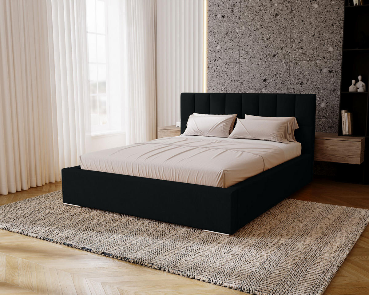 POLSTERBETT Dream 140x200 cm, Doppelbett mit Bettkasten, Lattenrost und Matratze aus Holz, Velourstoff: Schwarz - Schwarz, Holz/Kunststoff (140/200cm) - Marpur