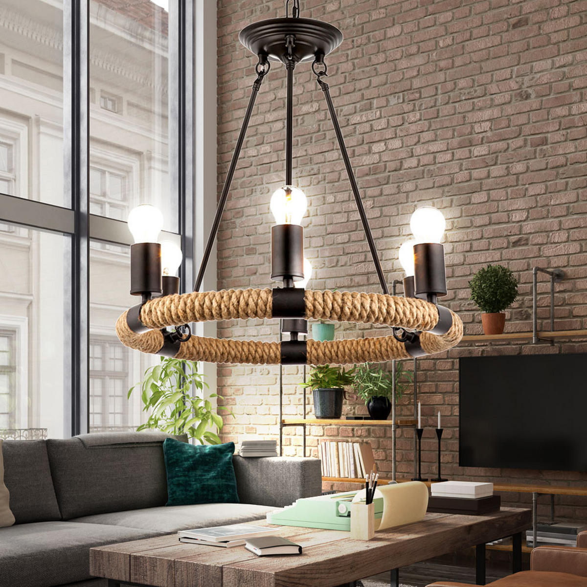 LED HÄNGELEUCHTE Hanfseil Schwarz - Schwarz, Metall (50/50/126cm) - Globo Lighting