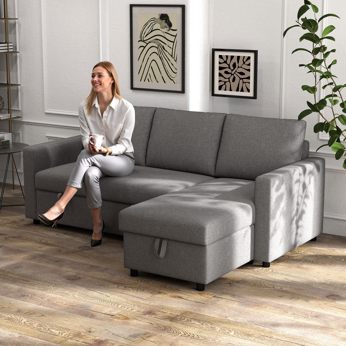 ECKSOFA mit Schlaffunktion Stauraum Eckcouch mit Chaiselongue Schlafsofa L-Form - Hellgrau/Schwarz, Kunststoff/Textil (146/211.5cm) - HOMCOM