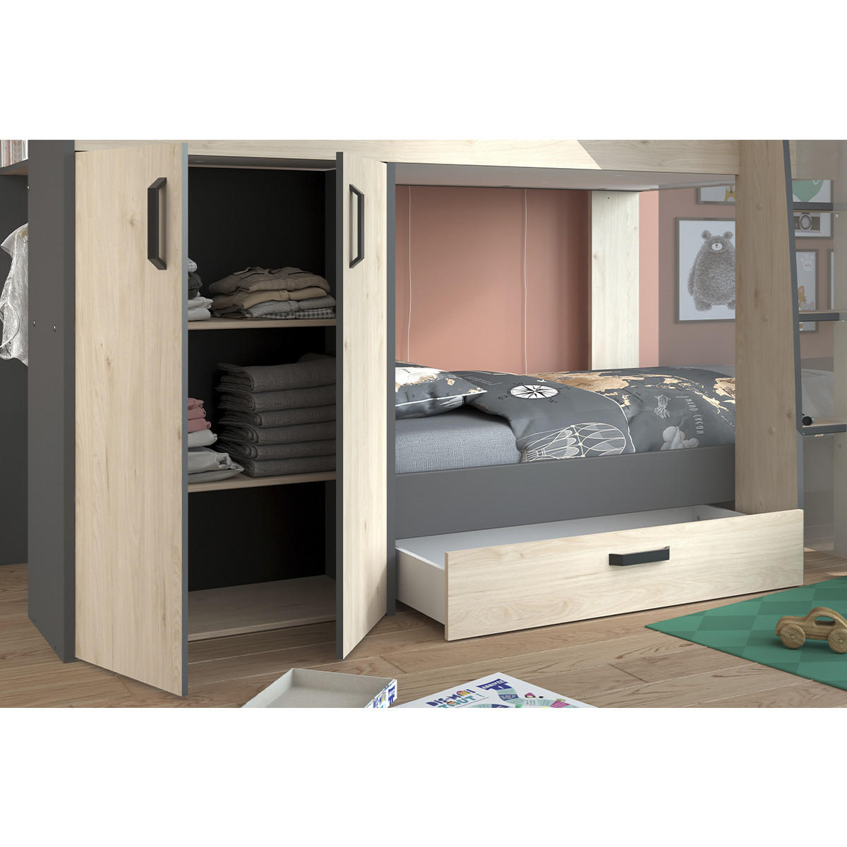 ETAGENBETT Eiche- und Graudekor mit Stauraum 90x200 - Stim - Apfelbaumfarben, Holzwerkstoff (90/200cm) - Calicosy