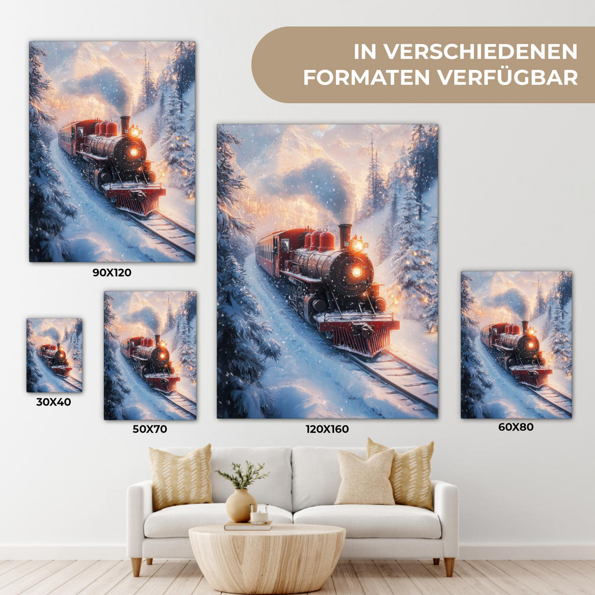 LEINWANDBILD Weihnachtszug - Schnee - Winter - Weihnachten 60x80 cm - Dunkelrot, Textil (60/80cm) - MuchoWow