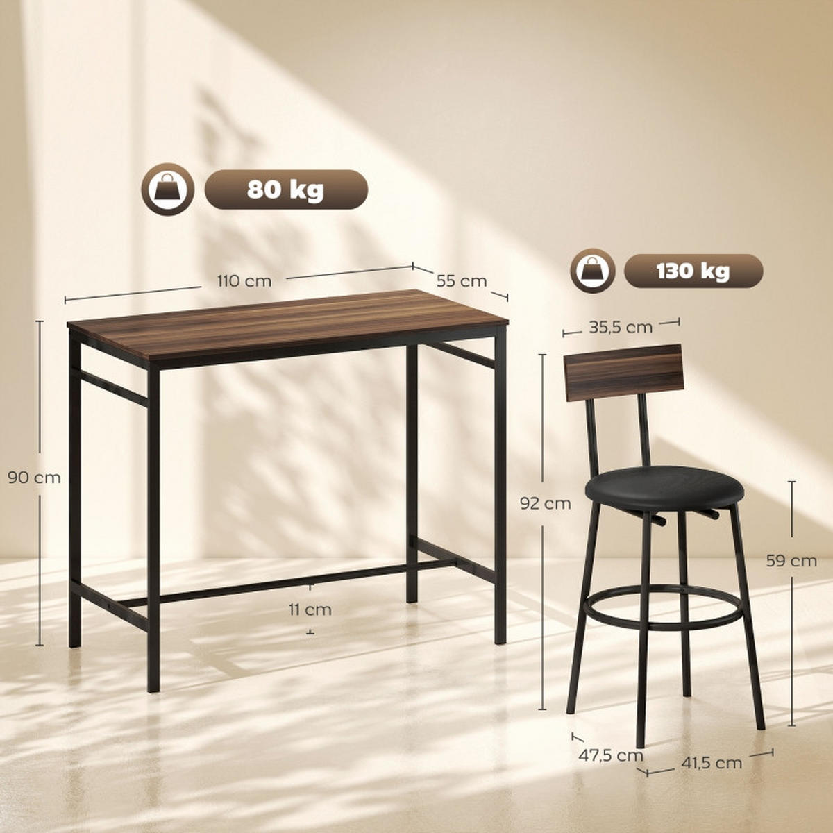 BARTISCH-SET DE-39299 110/55 cm Tisch mit 4 Hockern Braun/Schwarz - Braun, Holzwerkstoff (110/90/55cm) - ComfortXL