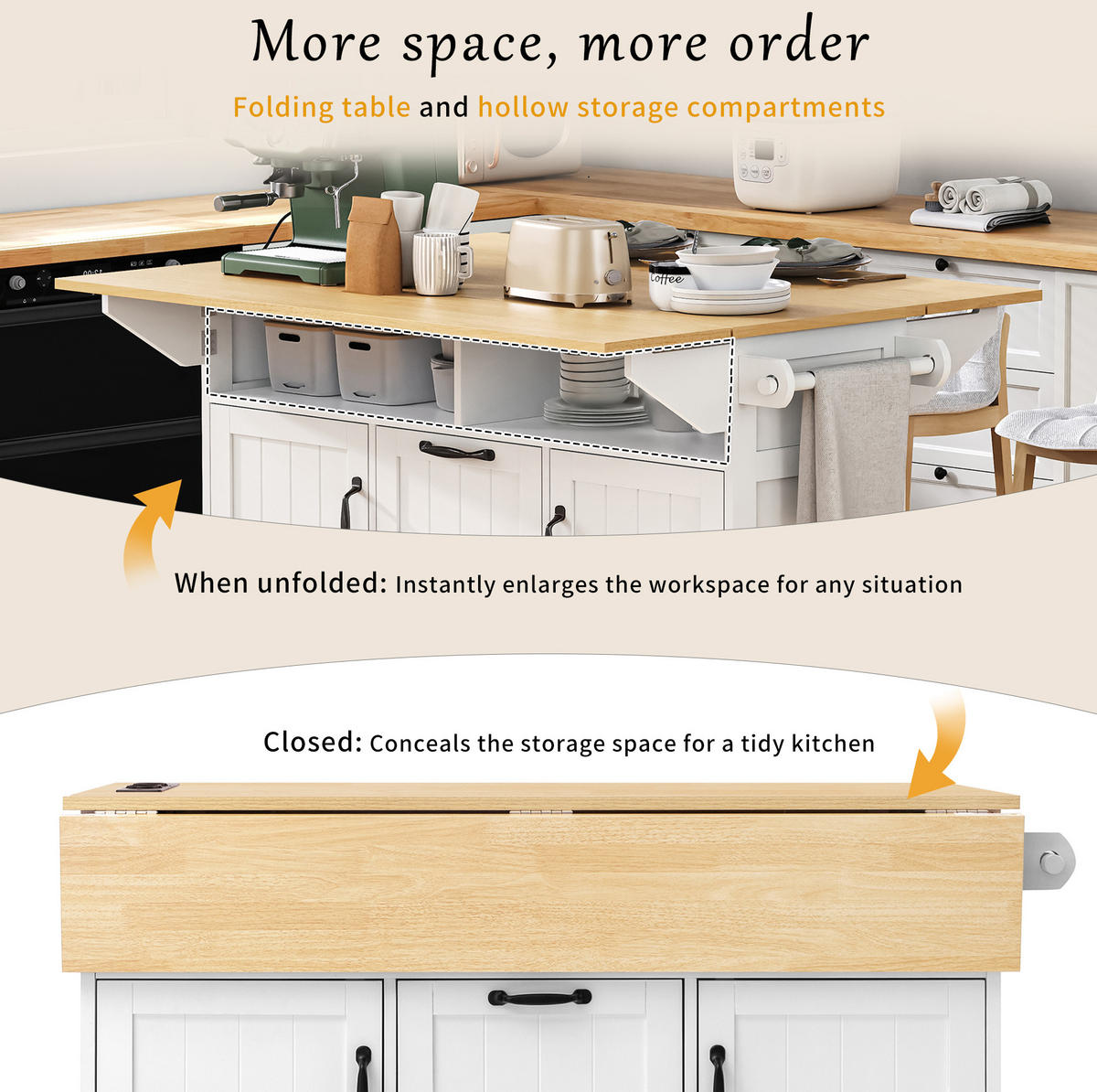 KÜCHENINSEL 120/92/40-60-80 cm Weiß/Natur aus MDF und PB mit klappbarer Arbeitsfläche - Weiß, Holzwerkstoff (80/92/120cm) - OKMYHOME