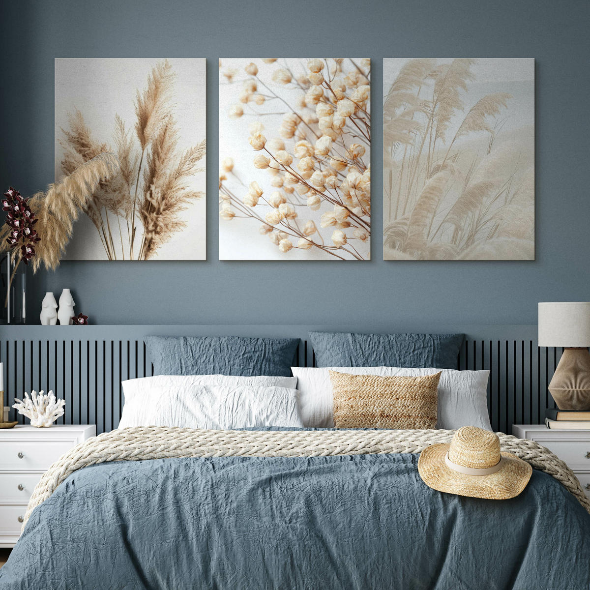 LEINWANDBILDER 3-es Set Blumen Pflanzen - Blau/Beige, Textil (90/40cm) - Muralo