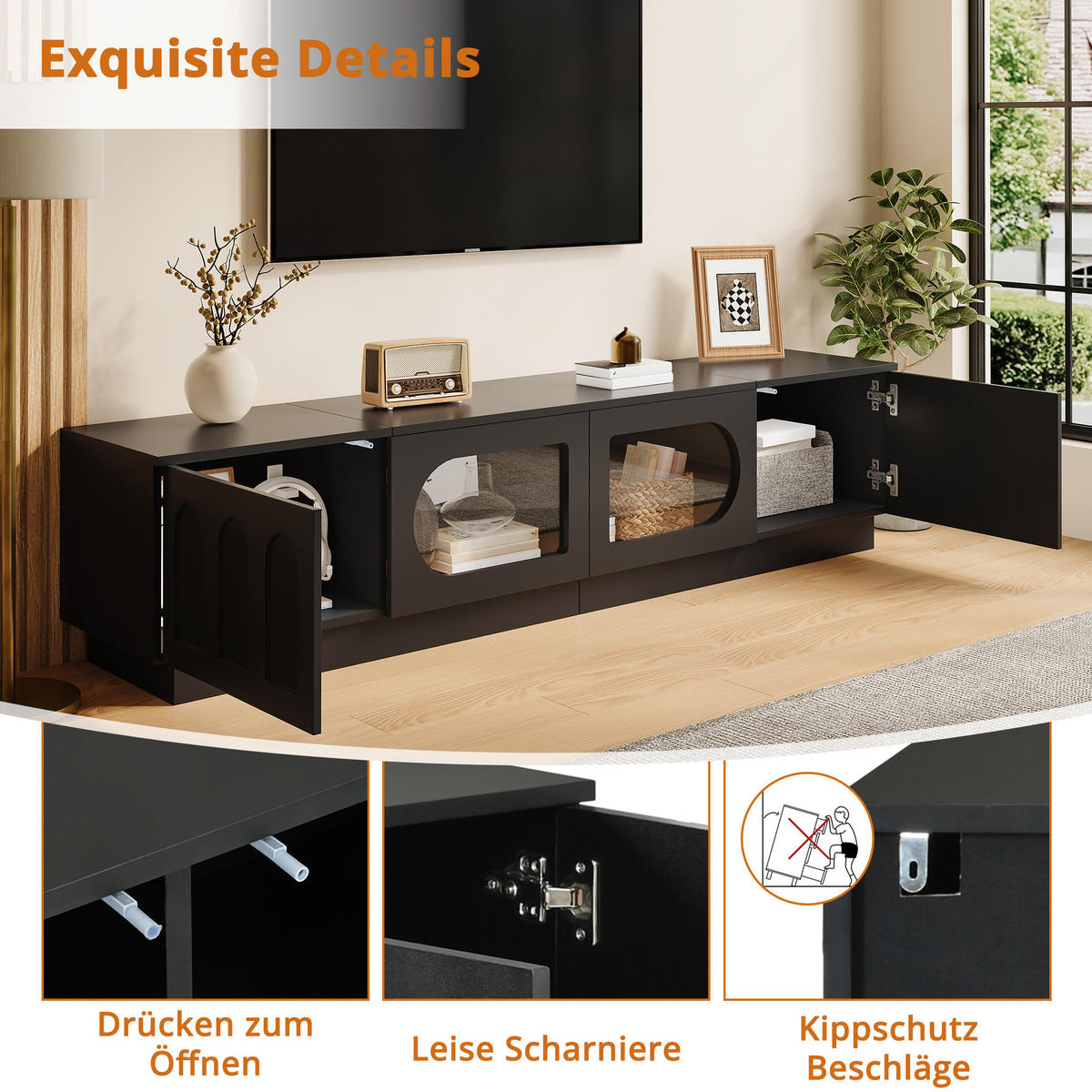 LOWBOARD DE-40167 mit LED-Beleuchtung und Glastüren Schwarz - Schwarz, Holzwerkstoff (200/42/40cm) - ComfortXL