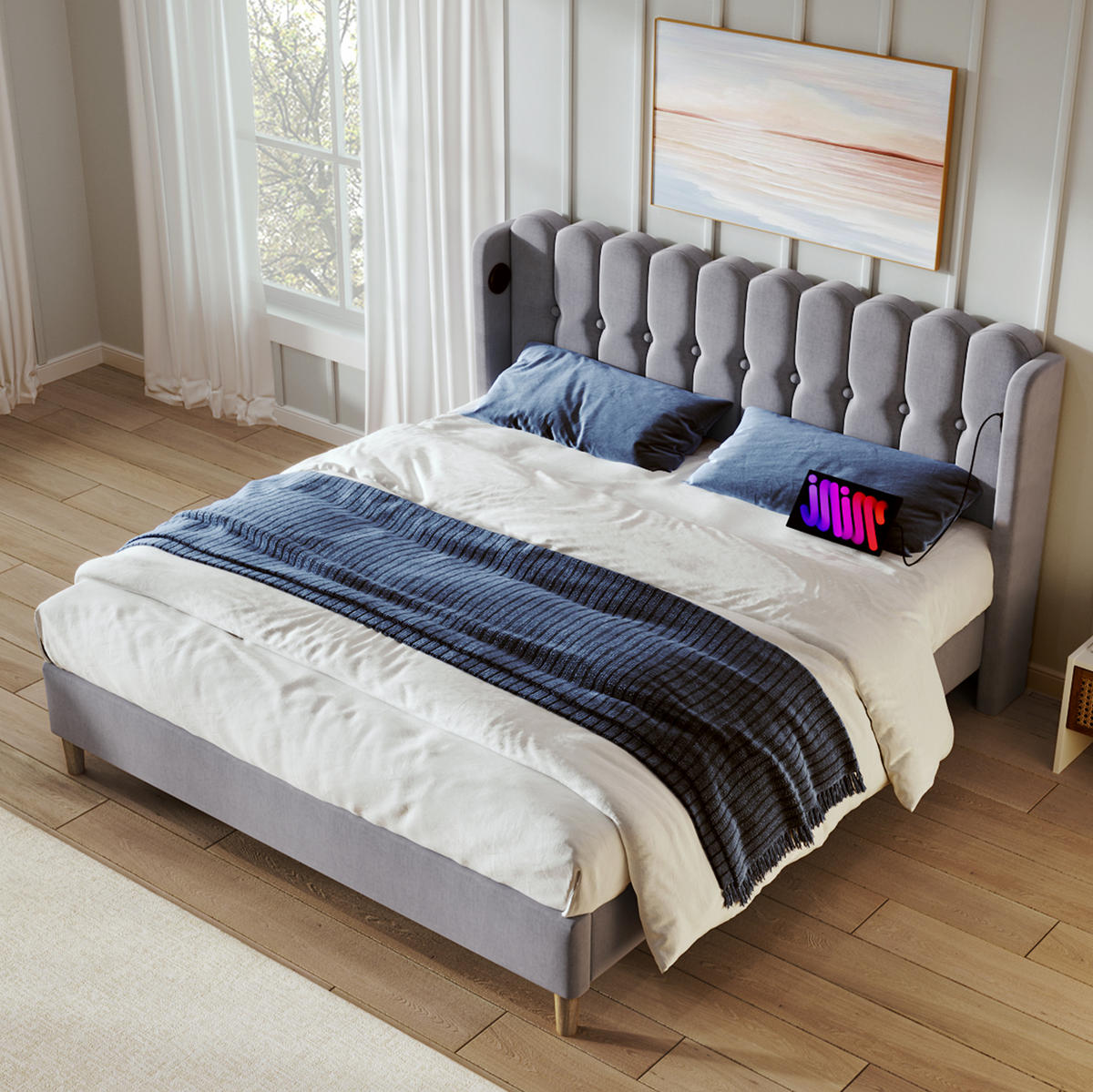 POLSTERBETT 160/200 cm Grau aus Leinen mit USB- und Type-C-Anschlüssen - Grau, Textil (160/200cm) - Flora Grace