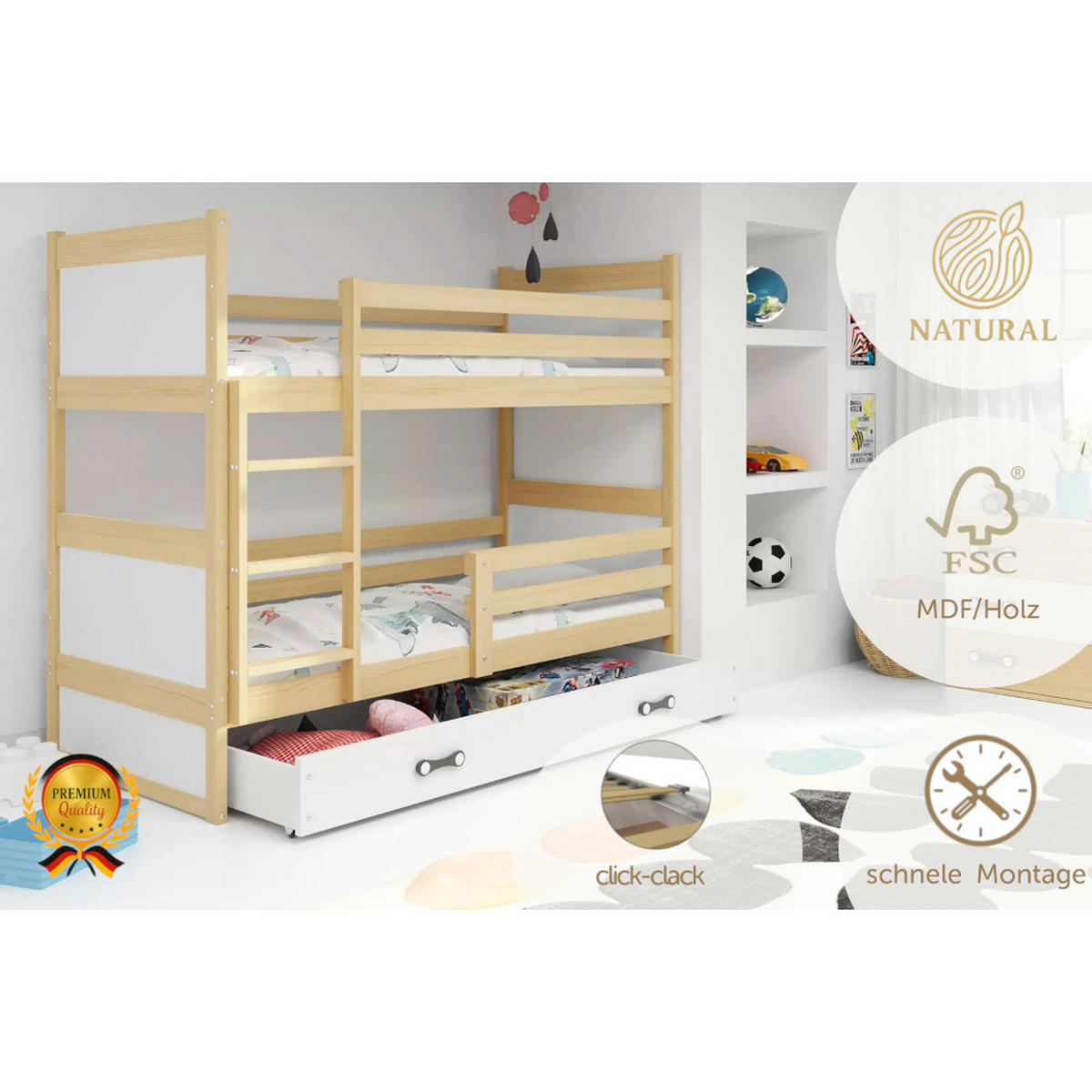 ETAGENBETT Rico mit Lattenrost und Schublade - Naturfarben/Weiß, Holz/Holzwerkstoff (90/200cm) - Interbeds