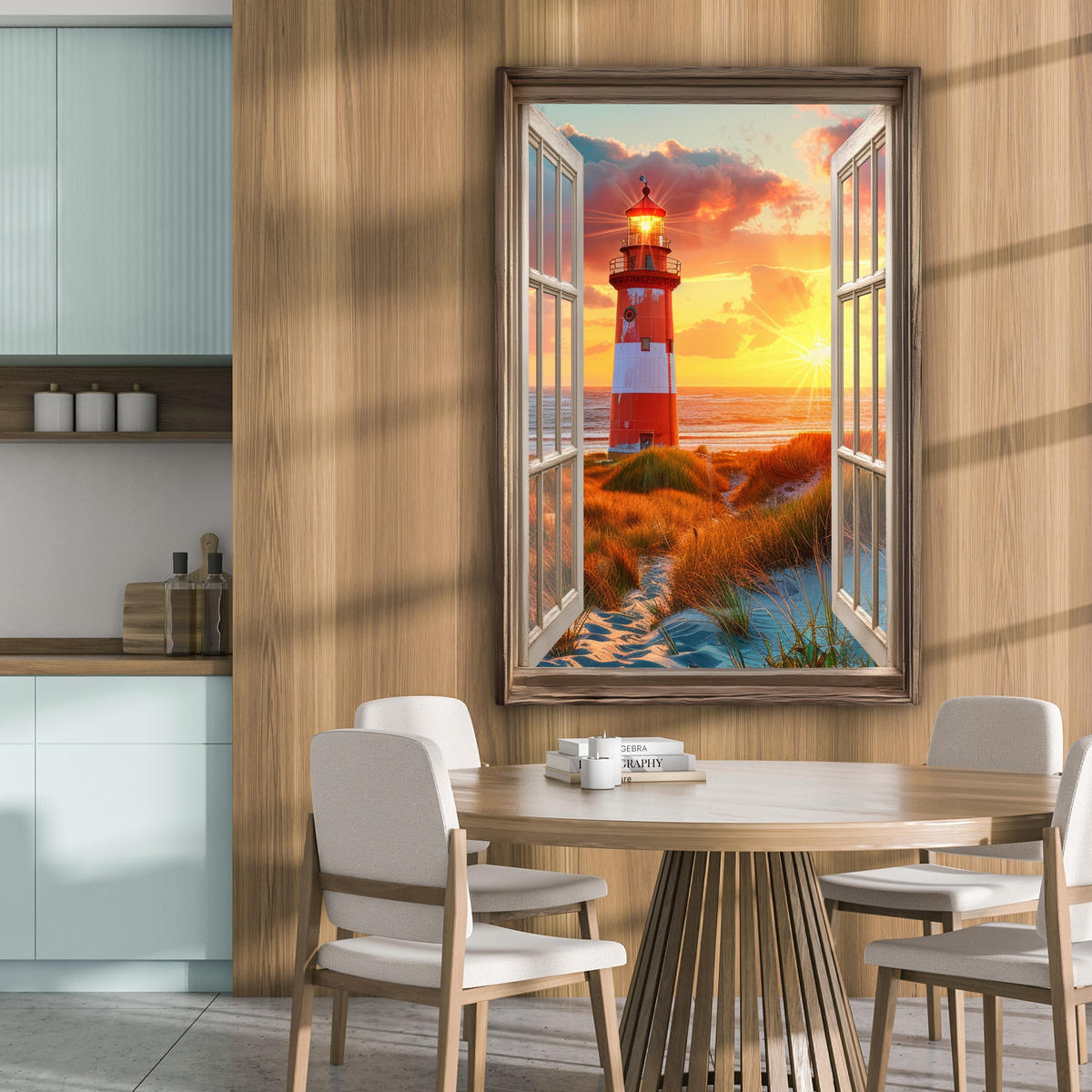 LEINWANDBILD Aussicht - Fenster - Leuchtturm - Sonnenuntergang - Strand 80x120 cm - Dunkelorange, Textil (80/120cm) - MuchoWow