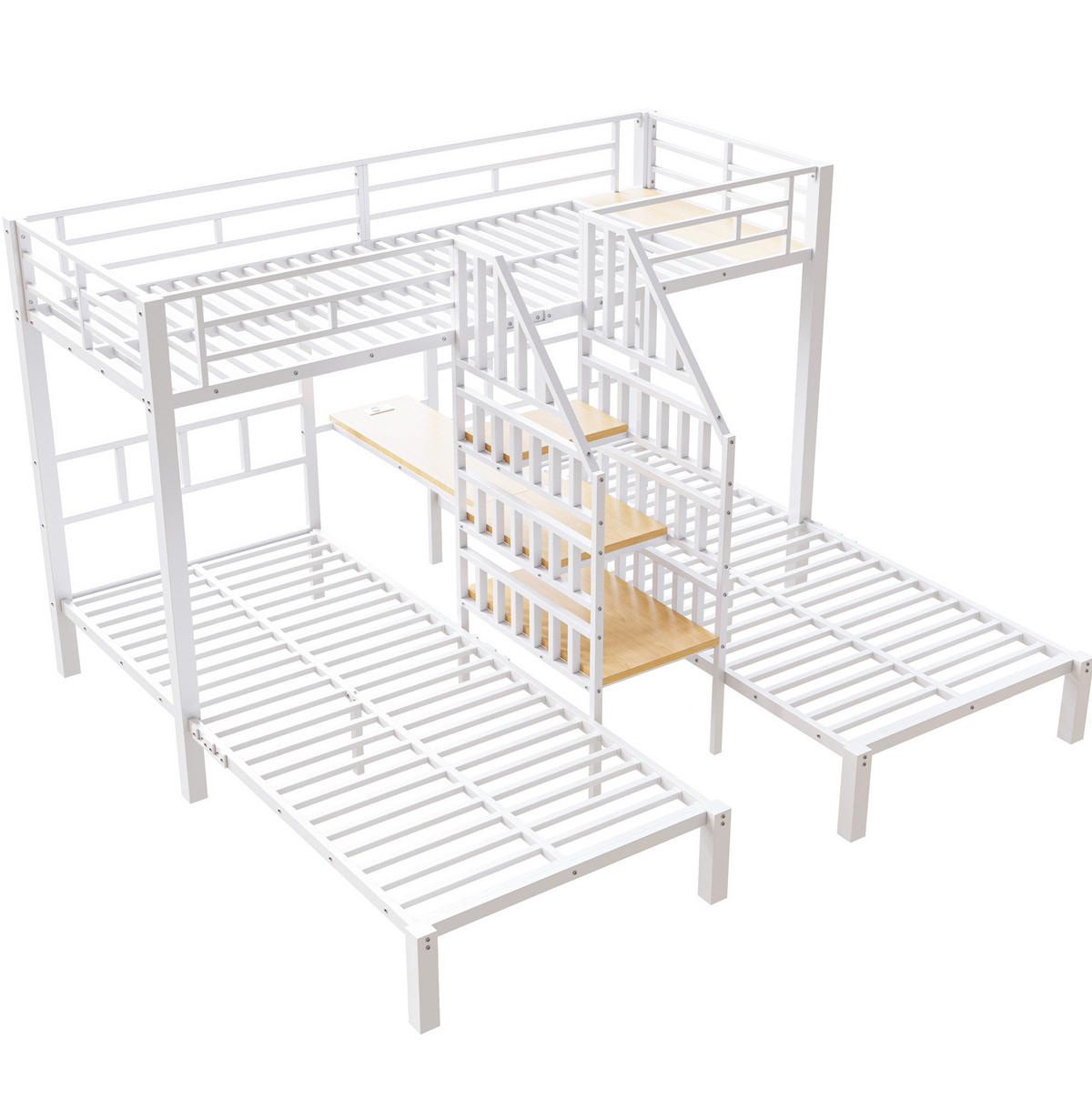 ETAGENBETT aus Metall und MDF 90x200 cm Weiß mit LED, USB-Anschlüssen, Steckdose, Schreibtisch und Stauraumstufen - Weiß, Metall (90/200cm) - Modfu