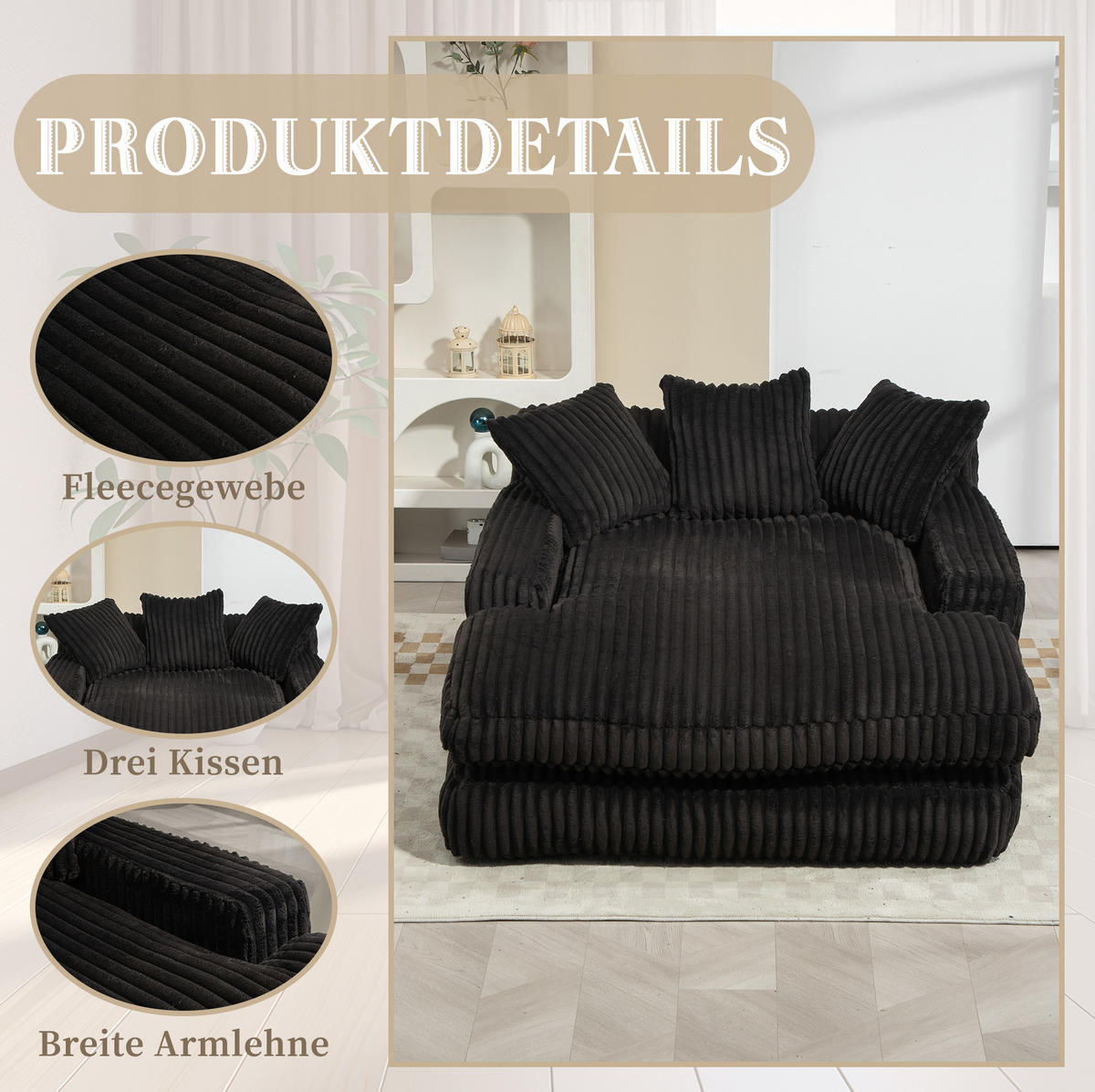 BIGSOFA 125/155/63 cm in Schwarz – bodennahes Kordsofa mit 3 Kissen - Schwarz, Textil (63/125/155cm) - BEAOK