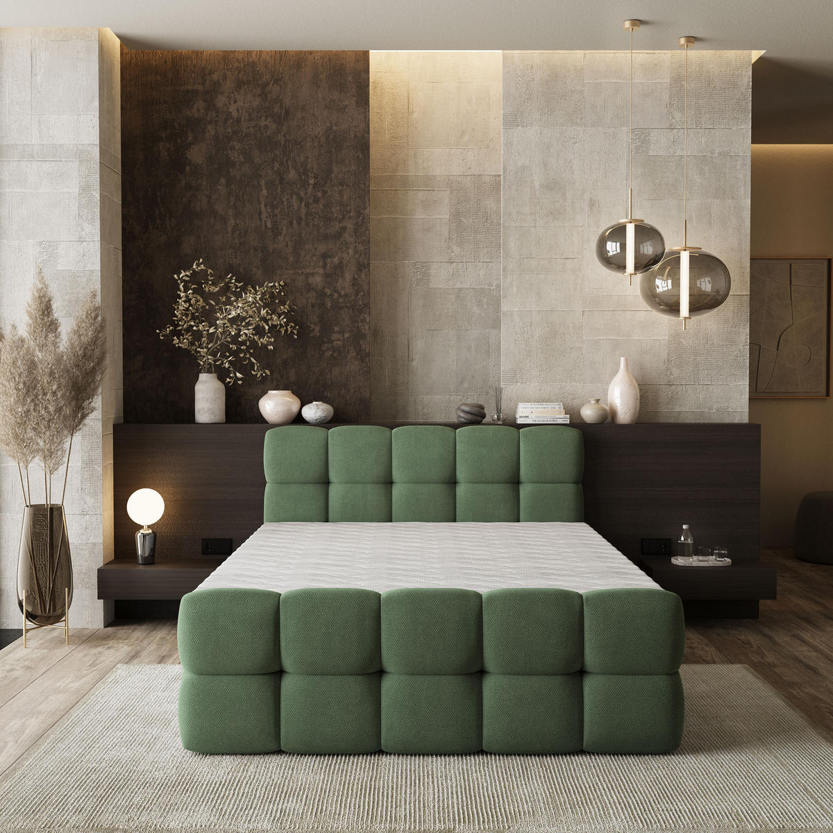 BOXBETT BRUME 180x200 cm mit Matratze und Topper, H2+H3 - Grün - Grün, Holz (180/200cm) - MASSENO