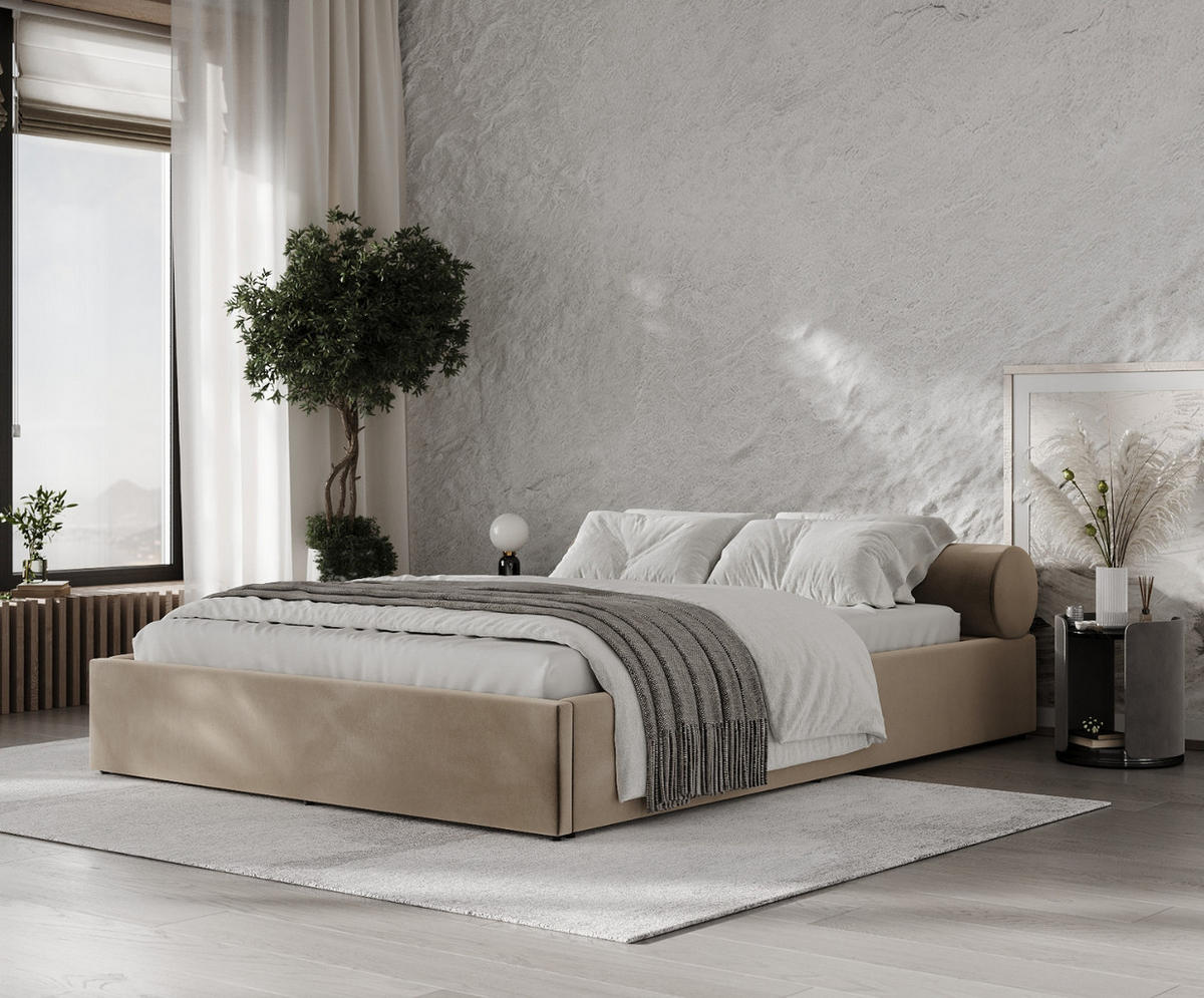 POLSTERBETT Solvo mit Stauraum 140/200 cm Taupe im Paros Stoff - Taupe/Schwarz, Holz/Holzwerkstoff (140/200cm) - AltaBeds