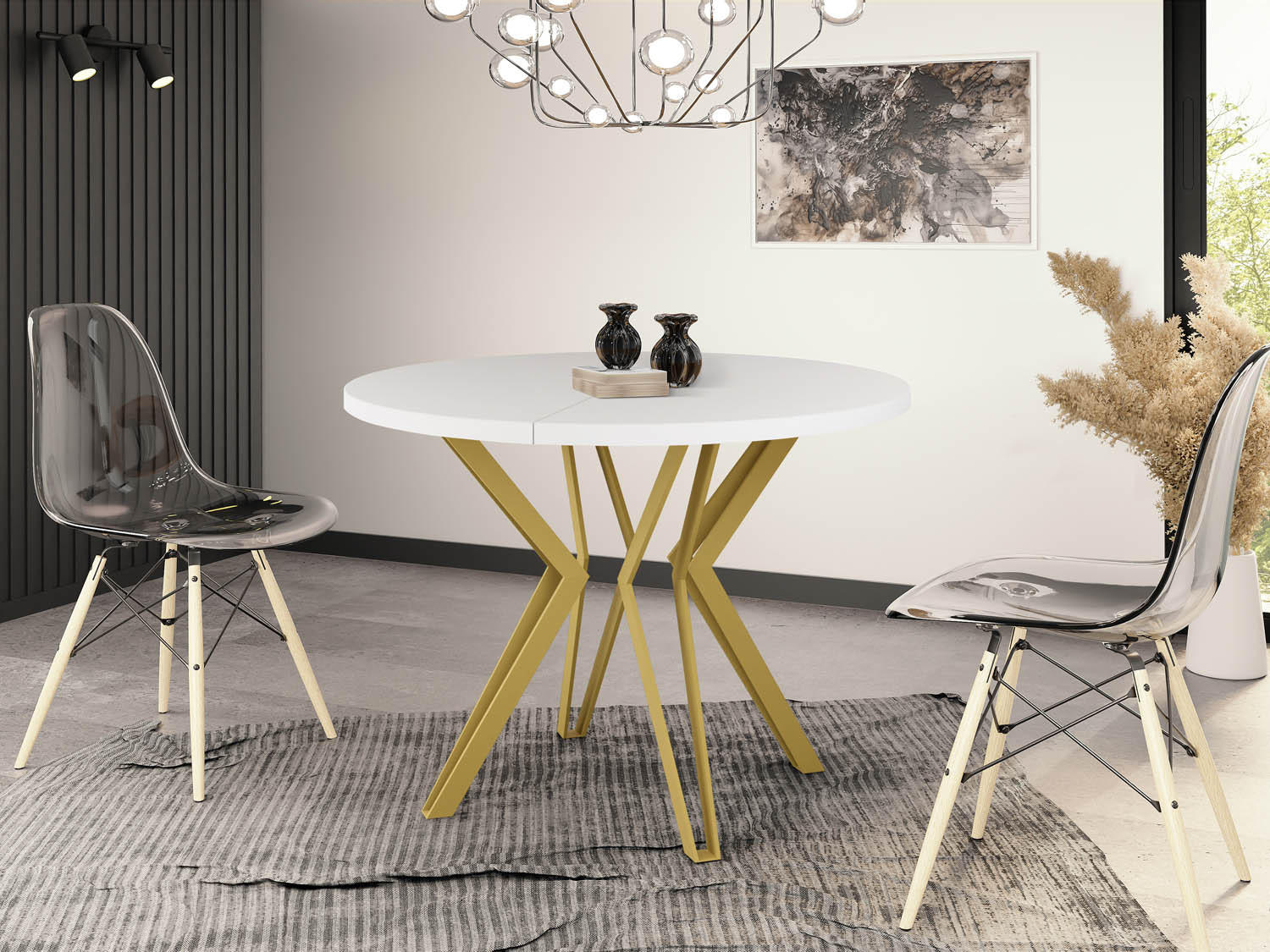 ESSTISCH Daisy runder ausziehbarer, Weiß 120-200/100/76 cm - Goldfarben/Weiß, Holzwerkstoff/Metall (120/120/76cm) - WFL GROUP