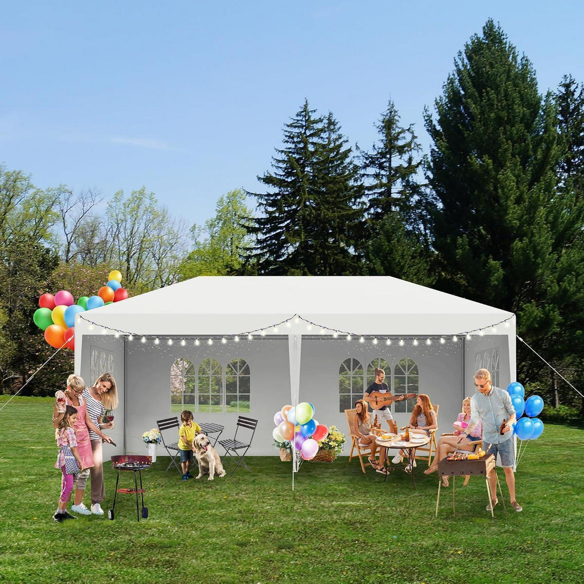 GARTENZELT 3 x 6 m Weiß mit Seitenteilen und Fenstern - Weiß, Textil (300/250/600cm)