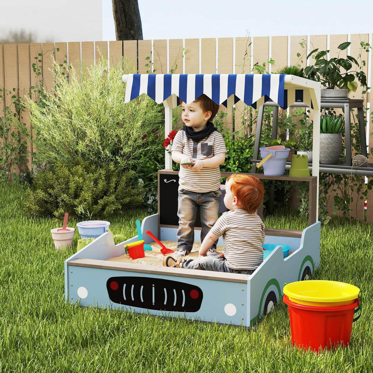 SANDKASTEN mit Dach, 90 x 108 cm Sandkiste aus Holz Sandbox mit Sitzbank Blau - Blau, Holz (108/90/104cm) - AIYAPLAY
