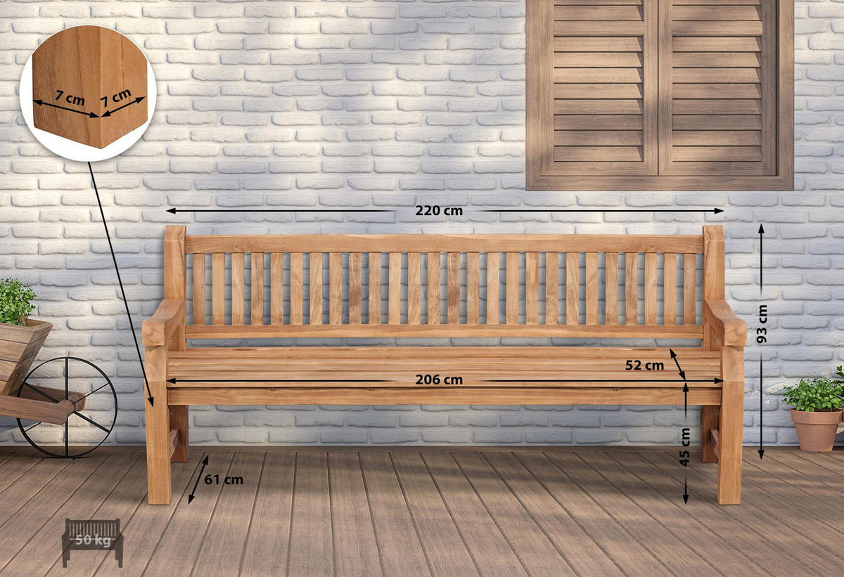 GARTENBANK Teakbank Degad Holz Teak Holzbank 220cm - Teakfarben, Holz (220/93/61cm) - DELUKE
