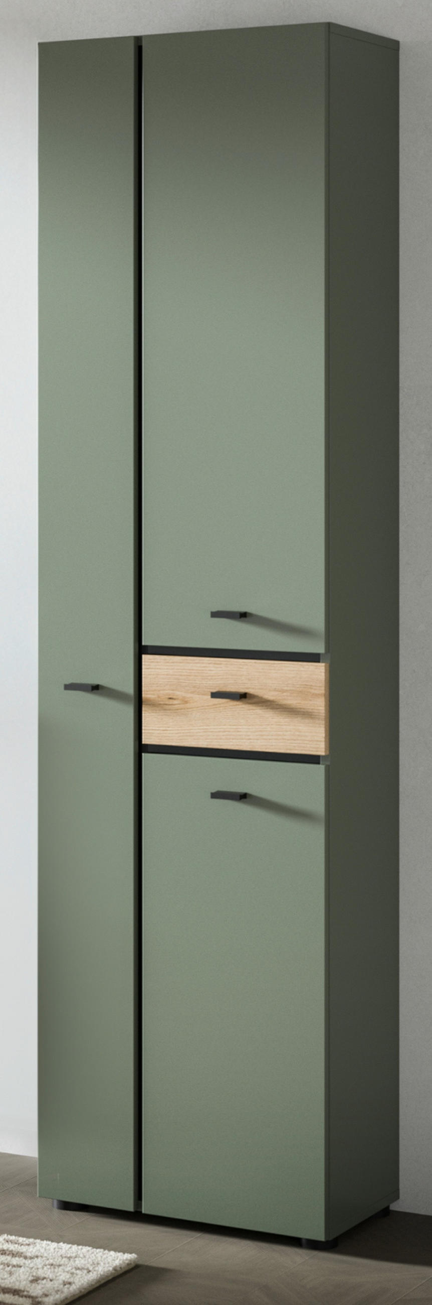 HOCHSCHRANK grün, Evoke Eiche 51 x 191 cm, Badschrank mit viel Stauraum - Eichefarben/Schwarz, Holzwerkstoff/Kunststoff (51/30/191cm) - Inn.Furn
