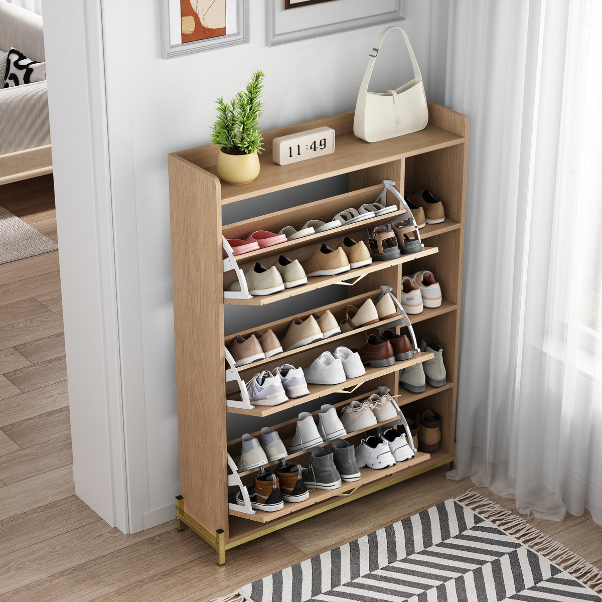 SCHUHSCHRANK 3 Türen Klappdeckel Eiche schmal mit Regalen - Naturfarben, Holz (90/119/24cm) - LEBENLANG