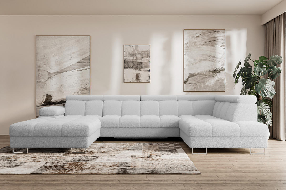 WOHNLANDSCHAFT mit Schlaffunktion und Bettkasten Ottomane RECHTS COMA U 345x203x79 Hellgrau Bouclé - Edelstahlfarben, Holzwerkstoff/Textil (203/79/345cm) - ALTDECOR
