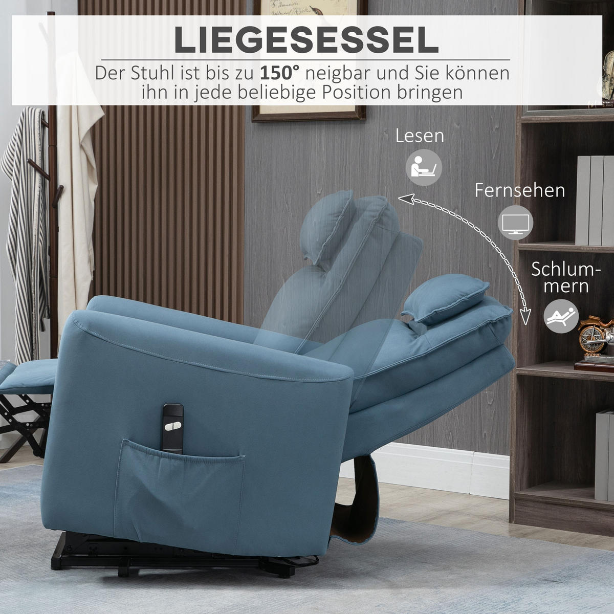 SESSEL mit Aufstehhilfe, Samt Stahl Blau - Blau, Textil (89.5/105/84cm) - HOMCOM