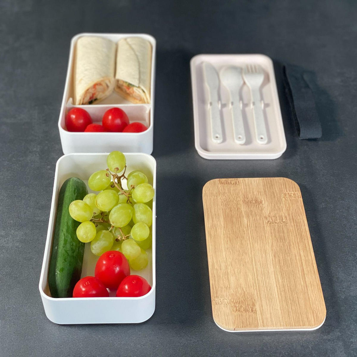 LUNCH BROTBOX mit Messer Gabel Löffel - Weiß, Naturmaterialien (10.5/9.3/18.5cm) - Intirilife