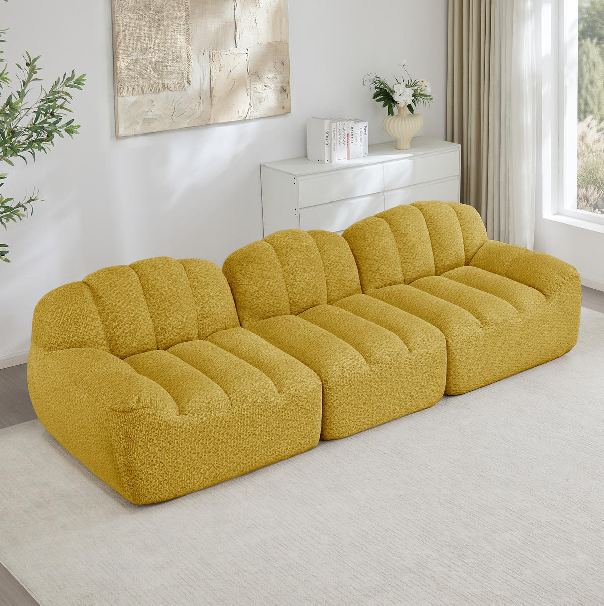 SOFA in Gelb mit breiter Sitzfläche und weichem Fleecebezug - Gelb, Textil (104/79/288cm) - Flora Grace