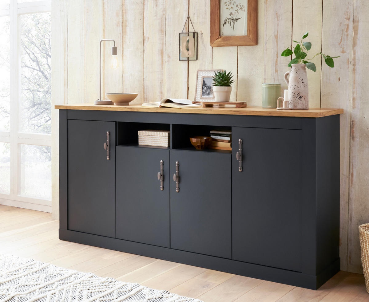 SIDEBOARD grau, Eiche Wotan, Landhaus 200 cm, Kommode mit Soft-Close - Silberfarben/Eiche Wotan, Holzwerkstoff/Kunststoff (200/104/45cm) - Furn.Design