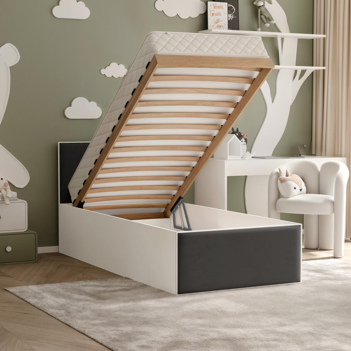 POLSTERBETT SASHI 90/200 cm Bettkasten, ohne Matratze, Weiß / Schwarz - Schwarz, Holz/Holzwerkstoff (90/200cm) - Idohome