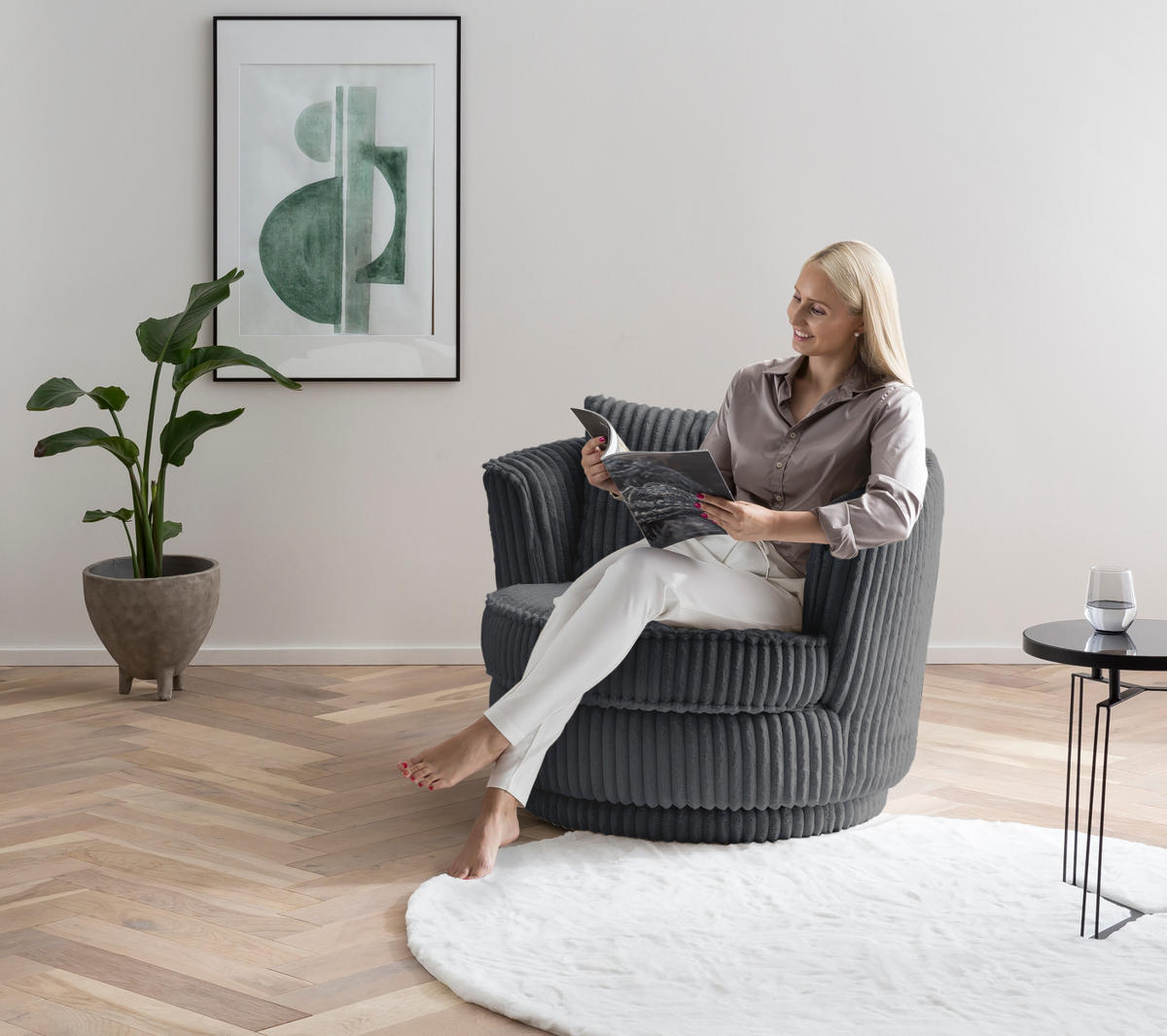 BIG-SESSEL Mega Cord grau Ø 95 cm 360° drehbar, inklusive Kissen - Grau, Holz/Kunststoff (95/77/95cm) - Furn.Design