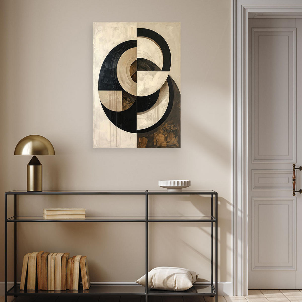 BILD auf Leinwand, Minimalistische Abstraktion mit schwarzen Kreisen auf beigem Hintergrund. - Beige, Textil (20/30cm) - Feeby