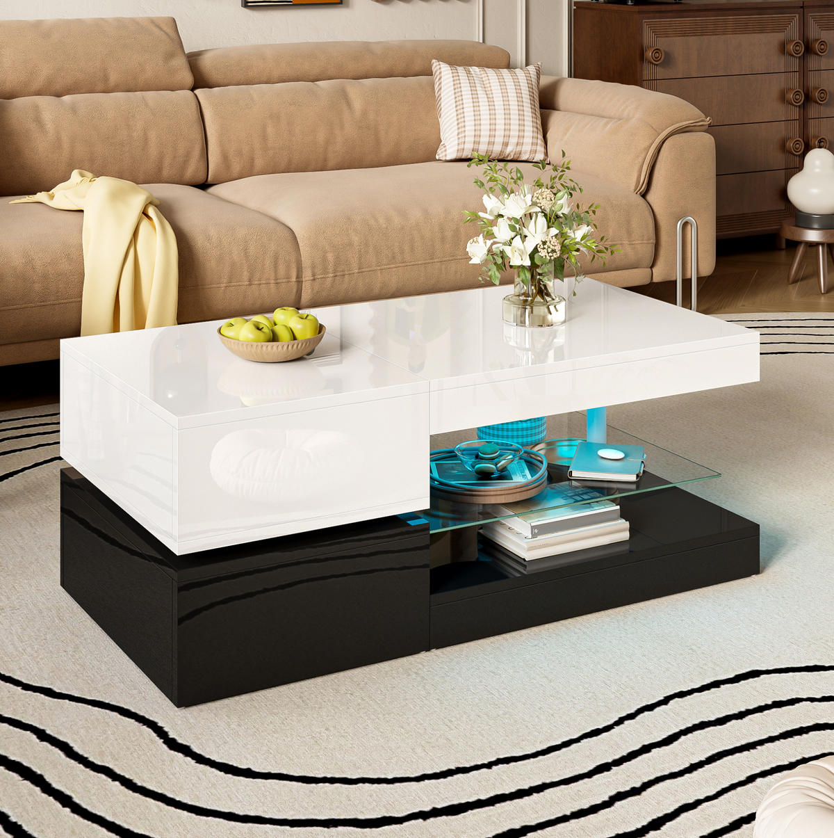 COUCHTISCH 90/45/35.5 cm in Schwarz/Weiß aus PB mit LED-Beleuchtung - Weiß, Holzwerkstoff (90/45/35.5cm) - OKMYHOME