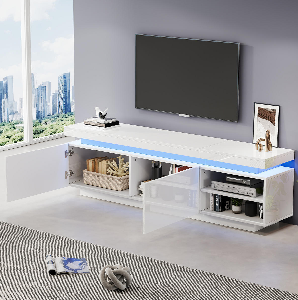 TV-LOWBOARD 170/35/50 cm mit LED-Beleuchtung, Kabelmanagement und Stauraum aus Spanplatte, Weiß - Weiß, Holzwerkstoff (170/50/35cm) - Redom