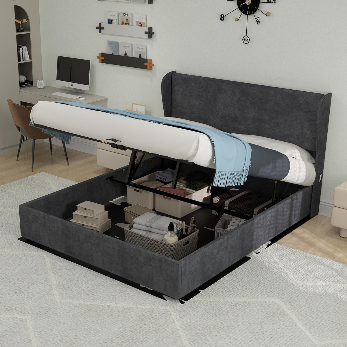 POLSTERBETT 140x200 cm Stauraum hydraulisch grau - Grau, Textil (140/200cm) - LEBENLANG