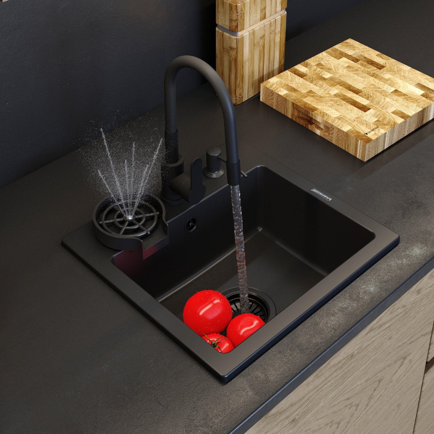 GRANITSPÜLE Teor mit Batterie Siphon - Schwarz, Kunststoff/Stein (42/17/46cm) - Granitan