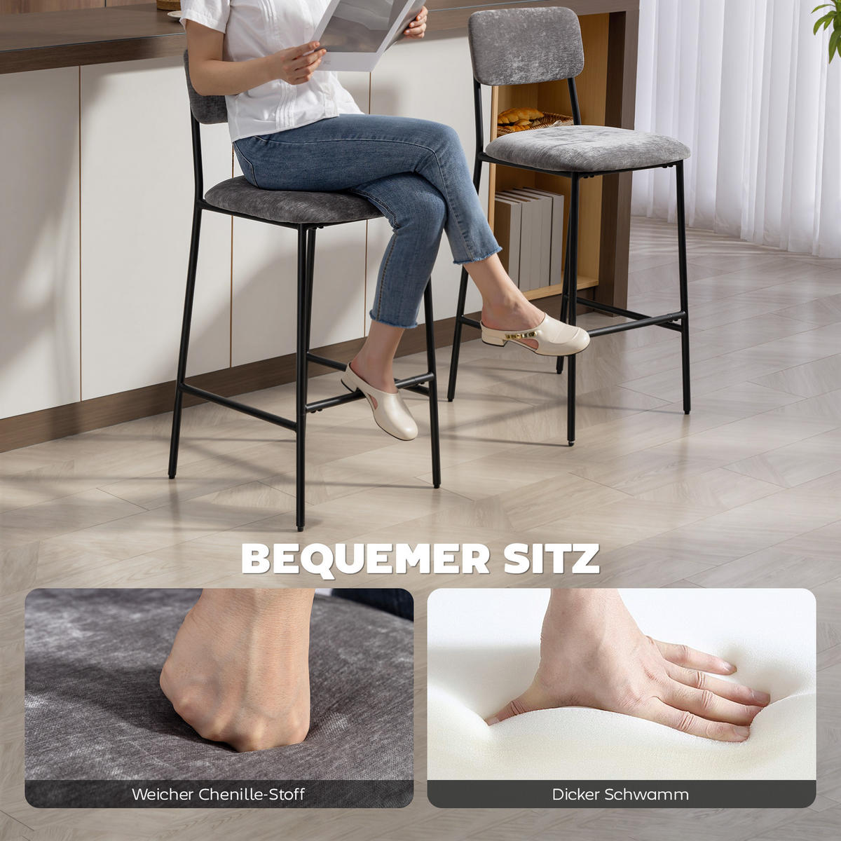 BARHOCKER 2er Set Barstuhl, Tresenhocker mit Fußstütze, Rückenlehne Grau - Schwarz/Grau, Textil/Metall (45.5/101/48cm) - HOMCOM