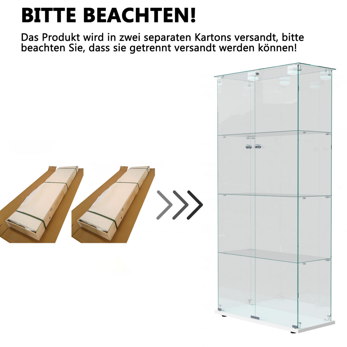 GLASVITRINE, 4 Glasböden, Doppeltür mit Schloss, Touch-LED, weiß - Weiß, Glas (78.5/163/35cm) - BRILVERDE