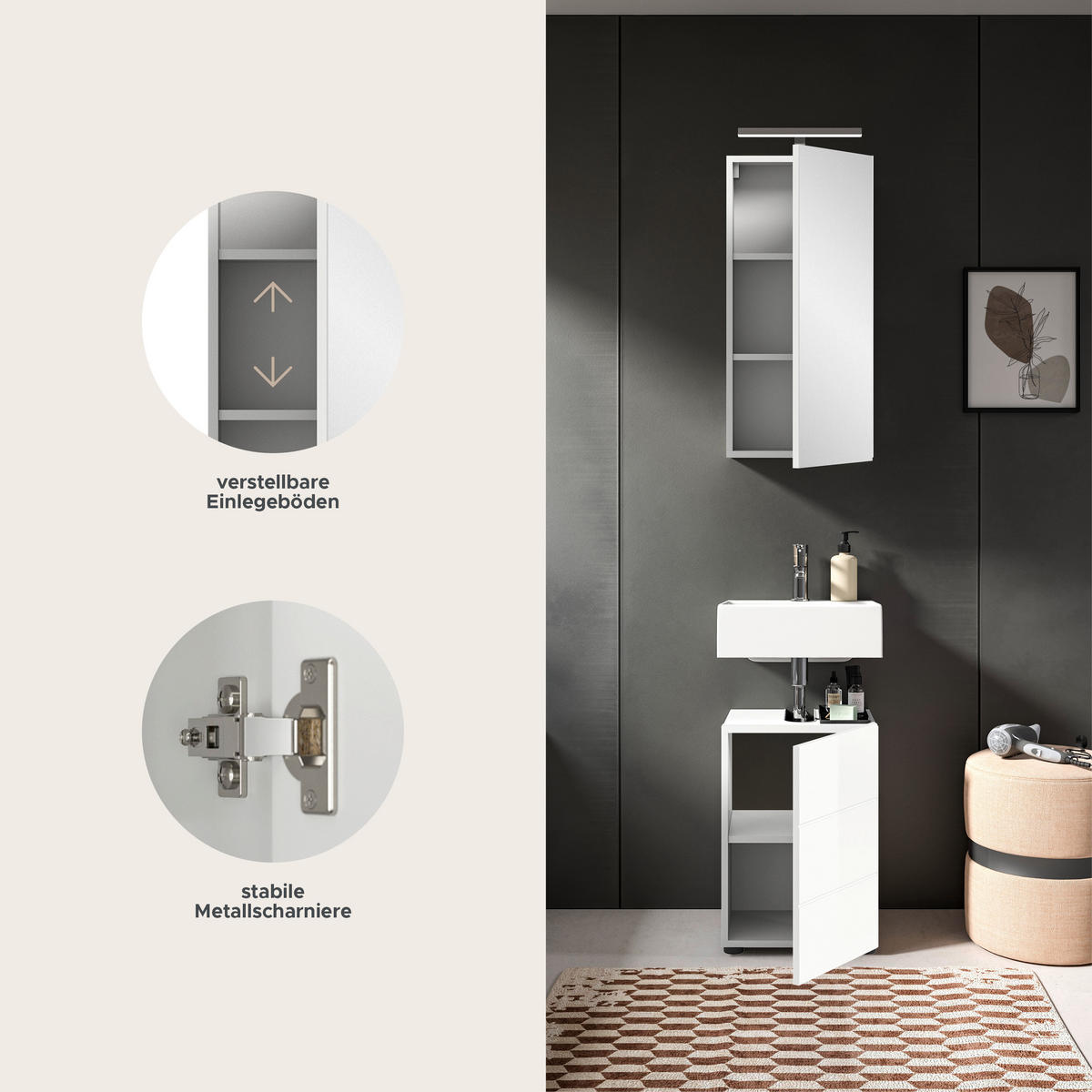 BADMÖBEL Set Vira 2tlg. Bad Kombination in Weiß (B/H/T: 38x190x34 cm) - Weiß, Holz (38/190/34cm)