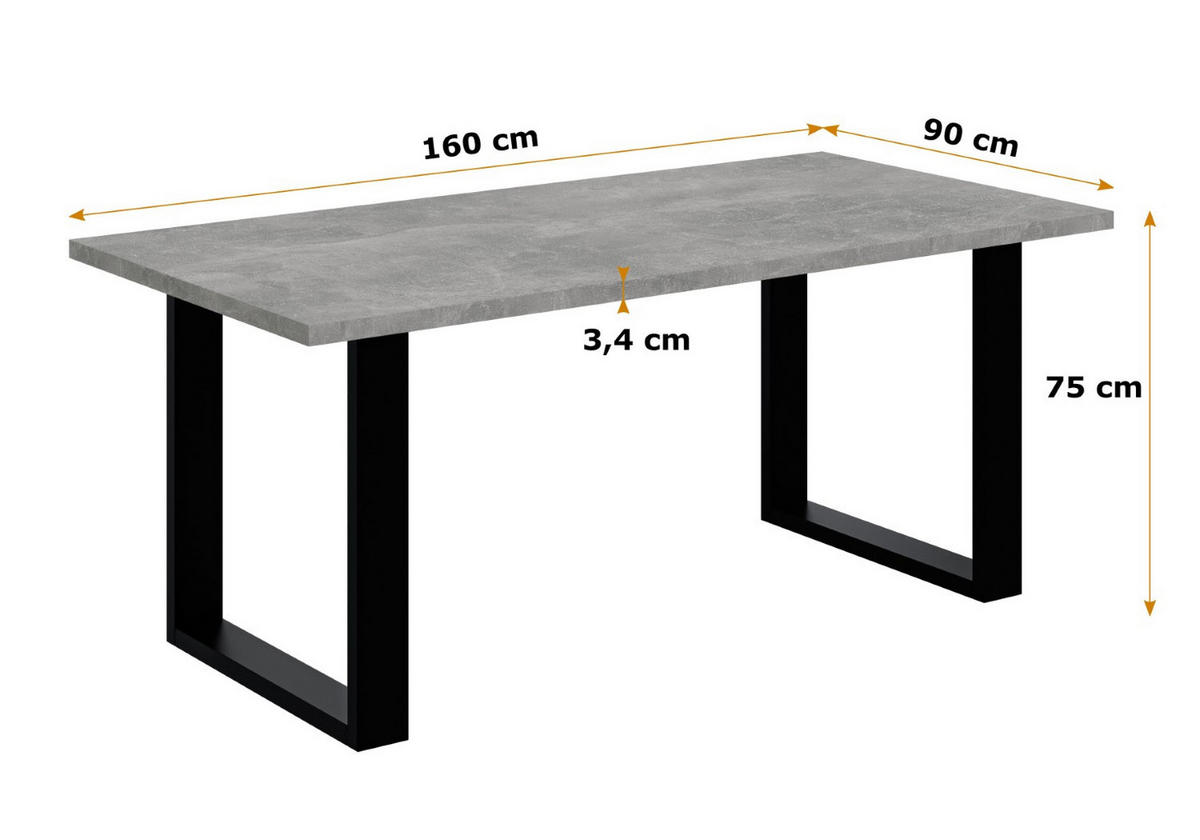 ESSTISCH 160x90x75 cm - Betonoptik / Schwarz - KLYN U - Grau, Holzwerkstoff (160/90/75cm) - ALTDECOR