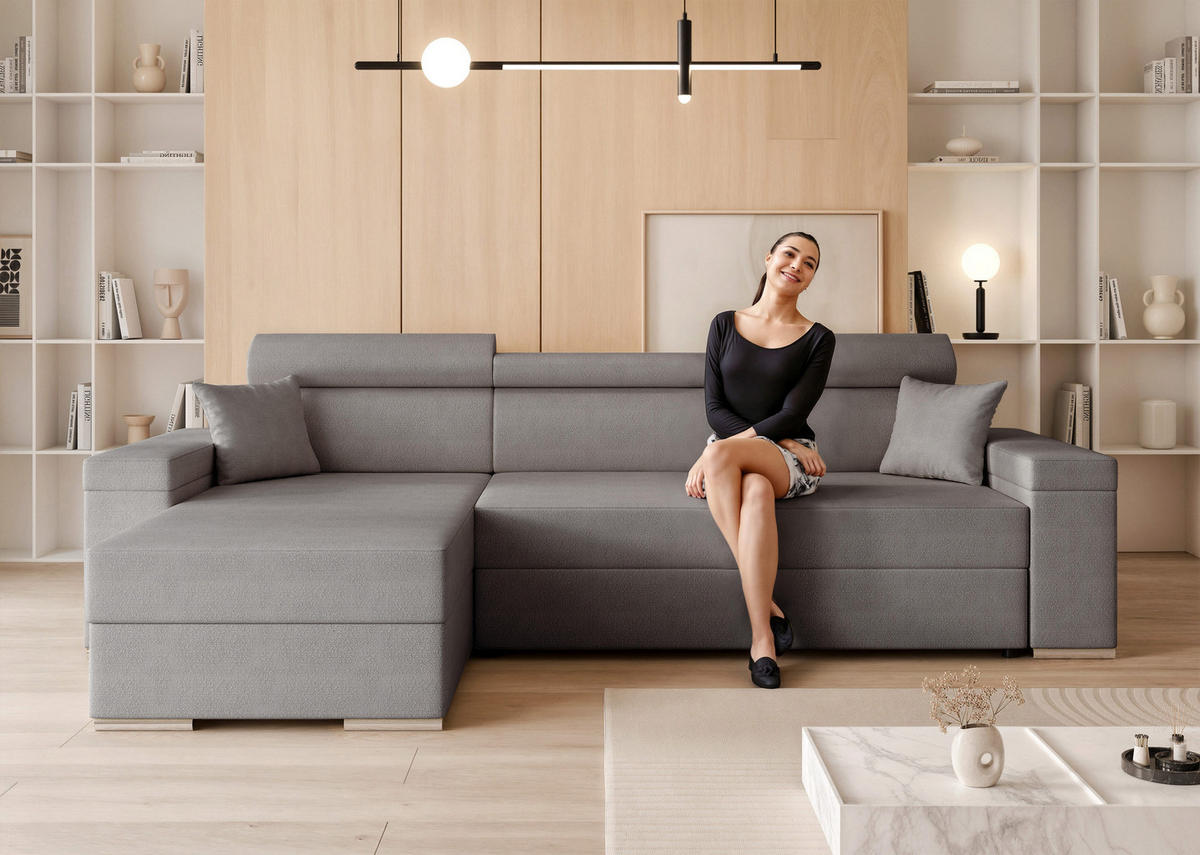 ECKSOFA AISHA mit Schlaffunktion und Bettkasten Grau - Grau, Holzwerkstoff/Kunststoff (250/90cm) - Idohome