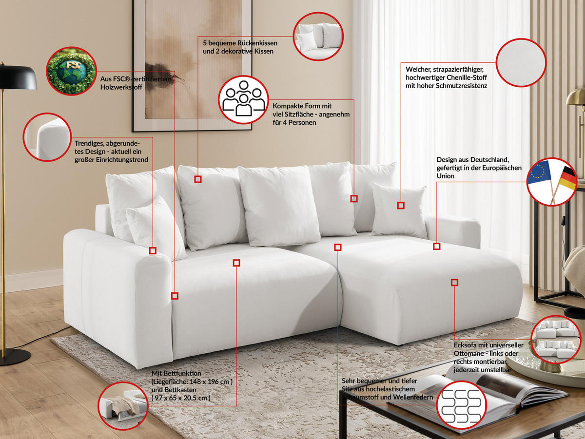 ECKSOFA Calma mit Schlaffunktion und Bettkasten im Bumpy-Design aus weichem Creme Webstoff - Ottomane rechts - Creme/Schwarz, Holz/Kunststoff (140/239cm) - S-Style